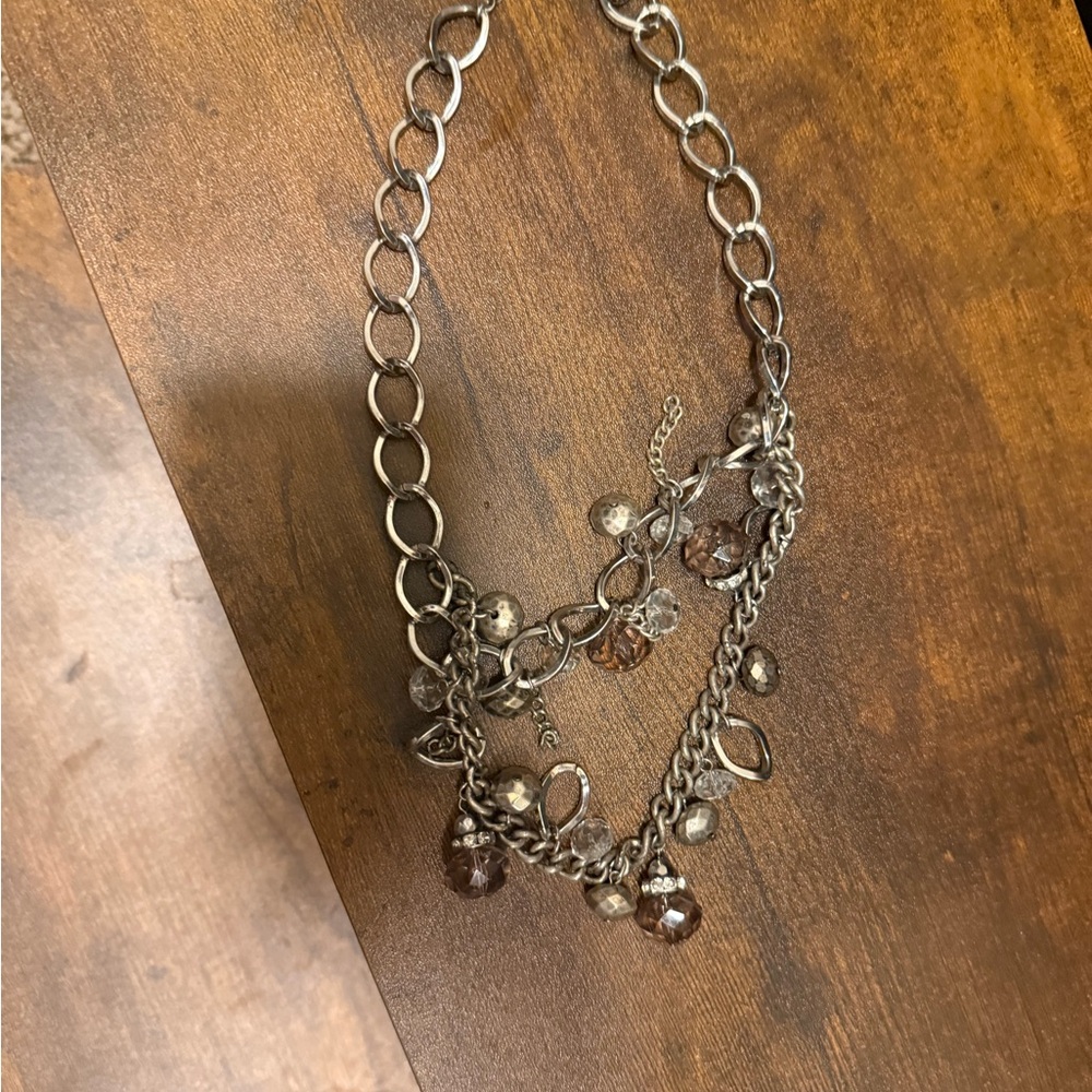 Silver-Tone Multi-Chain Charm Necklace with Brown Crystal Accents